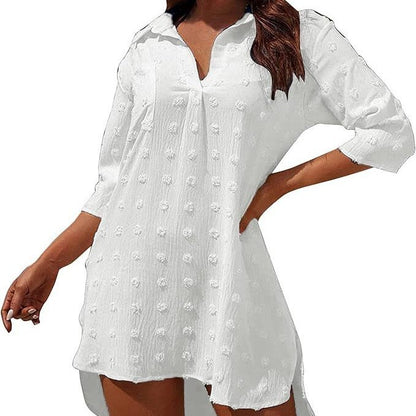 Solid Color Women's Beach Dress – Sun Protection Style with Three-Quarter Sleeves