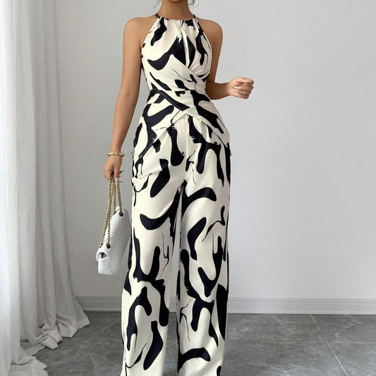 Combinaison femme dos nu imprimé noir et blanc