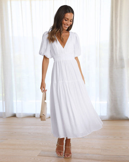 Robe Maxi d’Été Femme à Manches Bouffantes – Style Élégant Col V