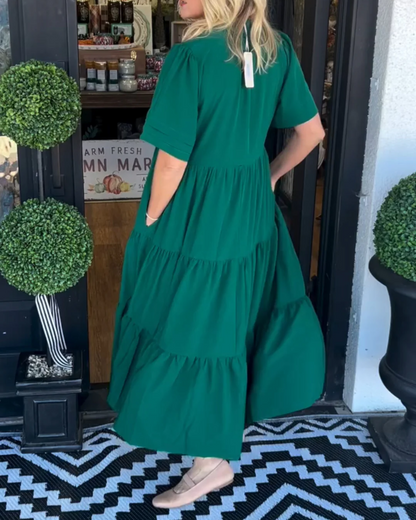 Robe longue à volants décontractée pour femme – Robe à manches courtes et col en V avec poches
