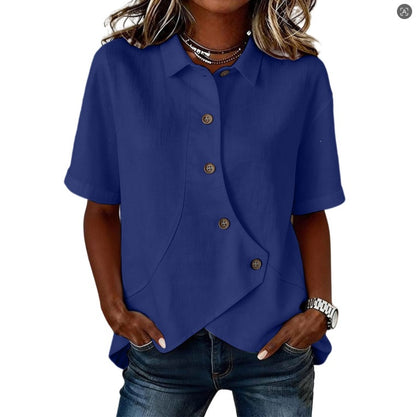 Camicia da donna tinta unita con chiusura asimmetrica e maniche corte