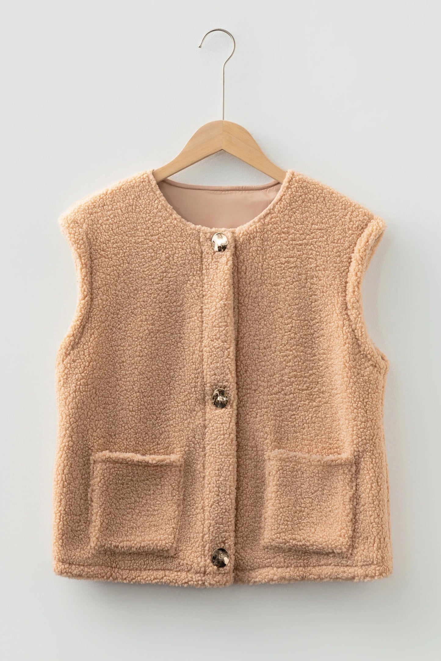 Gilet teddy beige premium pour femme – Gilet confortable à boutons