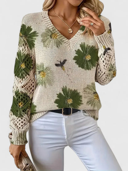 Pull Femme à Col V Tricoté à Fleurs – Pull Moderne Élégant