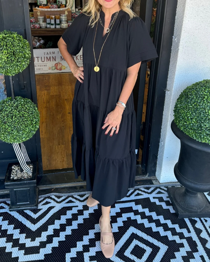 Robe longue à volants décontractée pour femme – Robe à manches courtes et col en V avec poches