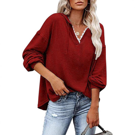 Sweat femme a capuche col V en dentelle manches longues