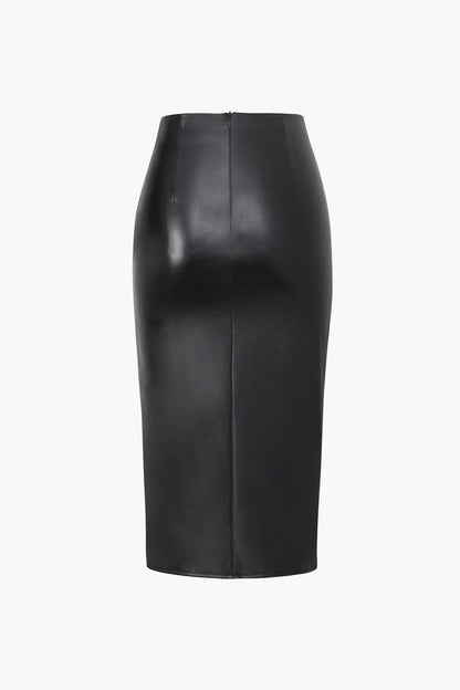 Jupe Midi en Faux Cuir pour Femme – Bodycon Élégant Asymétrique à Motif Tressé