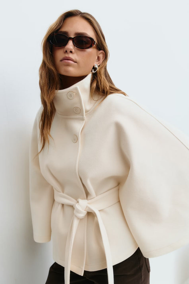Manteau Cape Élégant à Col Montant pour Femme – Manteau Ceinturé Stylé