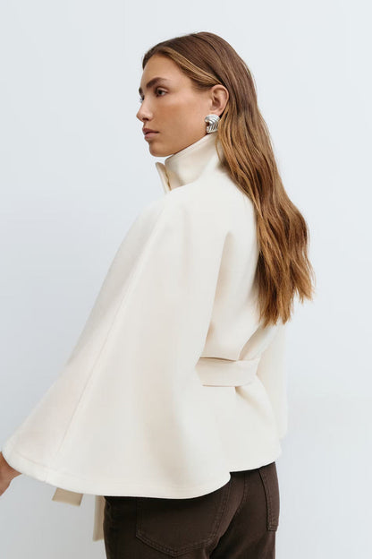 Manteau Cape Élégant à Col Montant pour Femme – Manteau Ceinturé Stylé