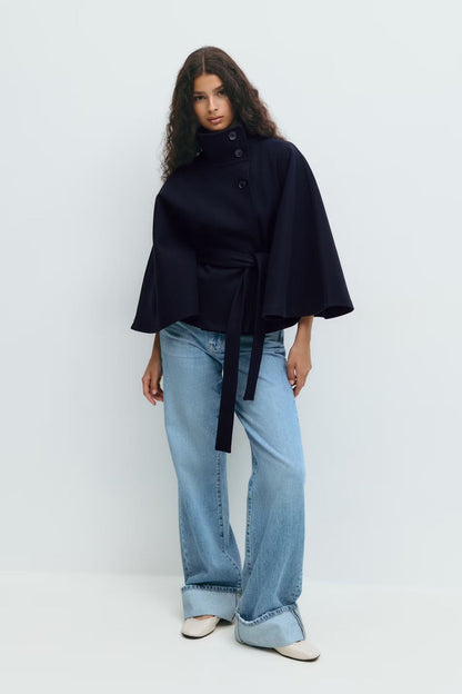 Manteau Cape Élégant à Col Montant pour Femme – Manteau Ceinturé Stylé