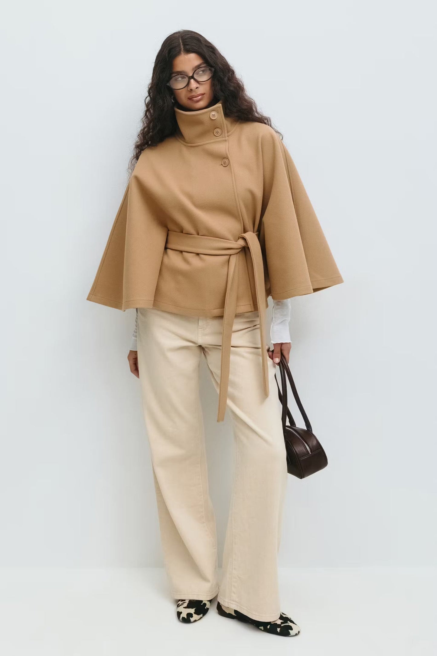 Manteau Cape Élégant à Col Montant pour Femme – Manteau Ceinturé Stylé