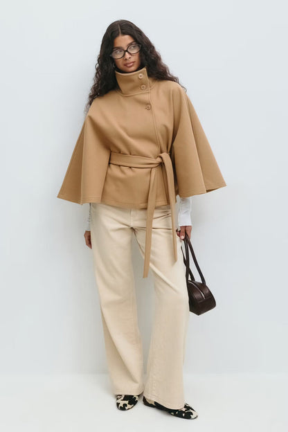 Manteau Cape Élégant à Col Montant pour Femme – Manteau Ceinturé Stylé