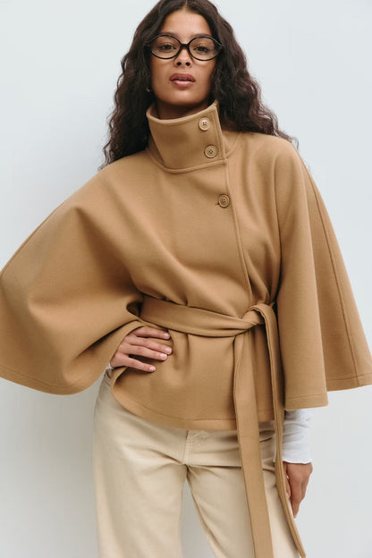 Manteau Cape Élégant à Col Montant pour Femme – Manteau Ceinturé Stylé