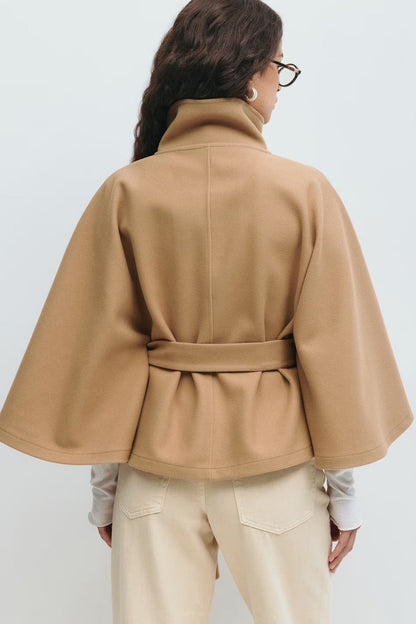 Manteau Cape Élégant à Col Montant pour Femme – Manteau Ceinturé Stylé