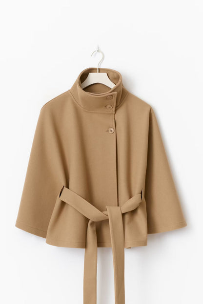 Manteau Cape Élégant à Col Montant pour Femme – Manteau Ceinturé Stylé
