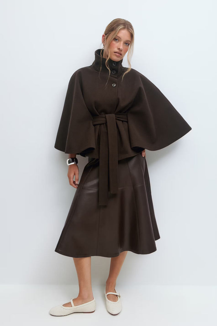 Manteau Cape Élégant à Col Montant pour Femme – Manteau Ceinturé Stylé