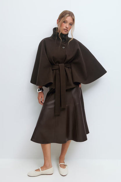 Manteau Cape Élégant à Col Montant pour Femme – Manteau Ceinturé Stylé
