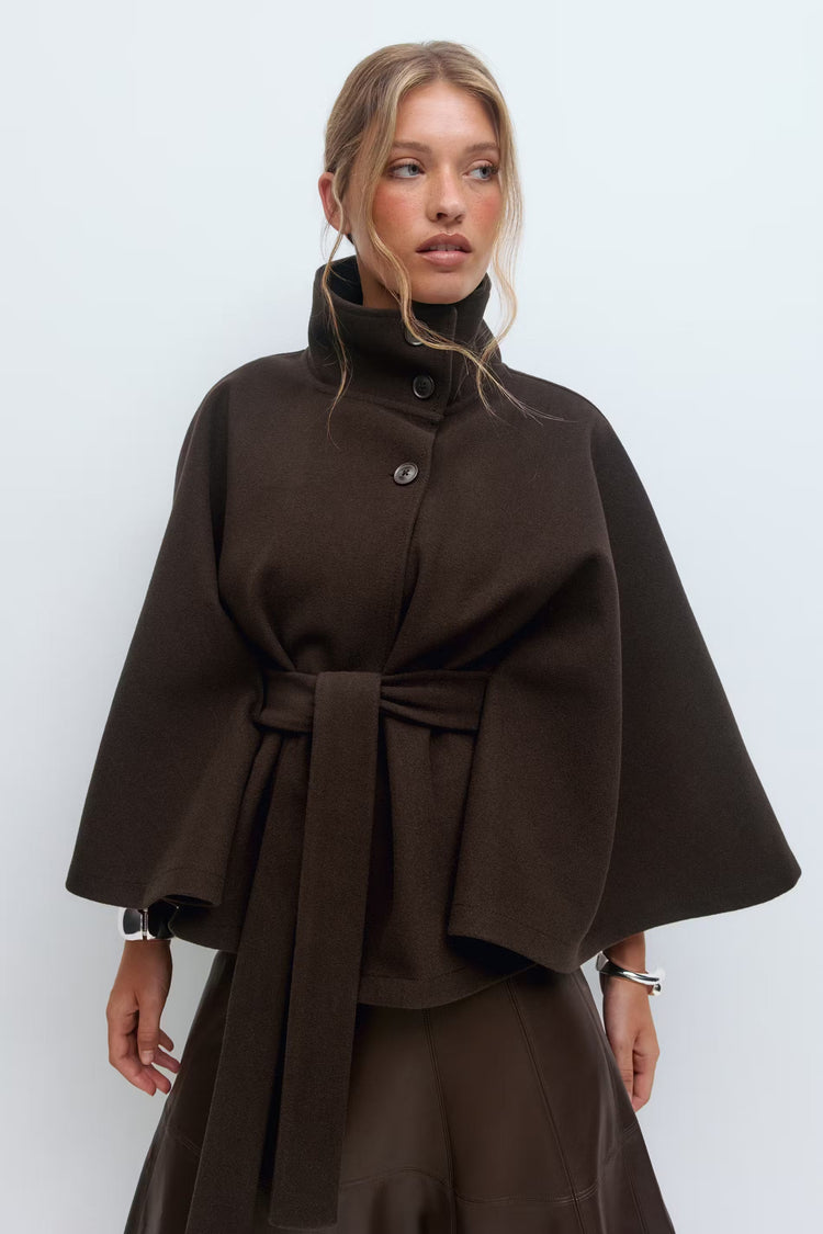 Manteau Cape Élégant à Col Montant pour Femme – Manteau Ceinturé Stylé