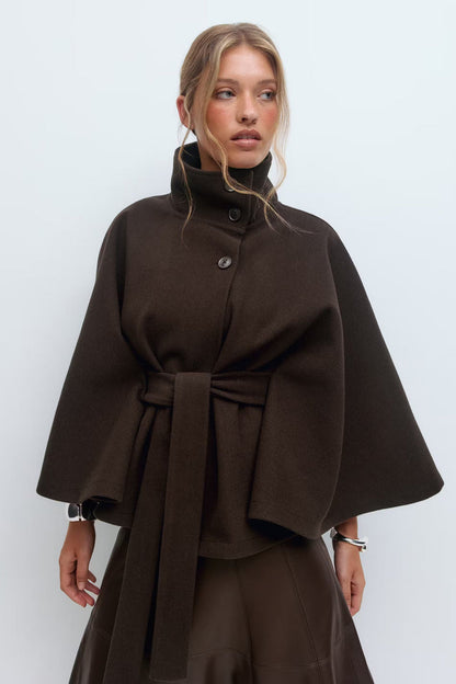 Manteau Cape Élégant à Col Montant pour Femme – Manteau Ceinturé Stylé