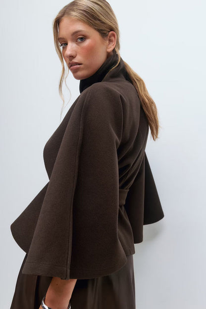 Manteau Cape Élégant à Col Montant pour Femme – Manteau Ceinturé Stylé