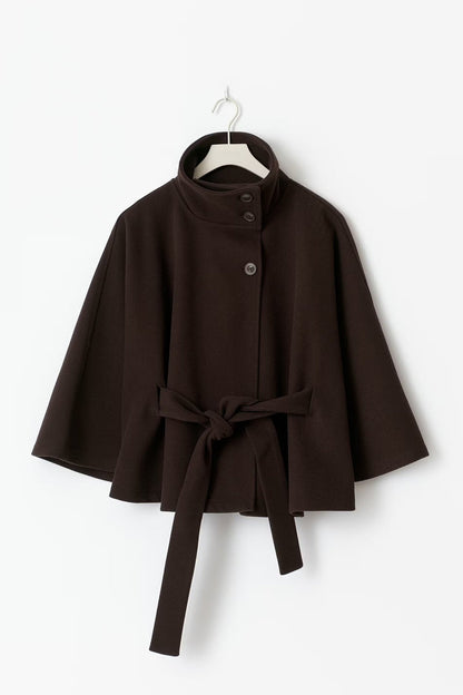 Manteau Cape Élégant à Col Montant pour Femme – Manteau Ceinturé Stylé