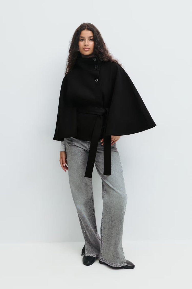 Manteau Cape Élégant à Col Montant pour Femme – Manteau Ceinturé Stylé