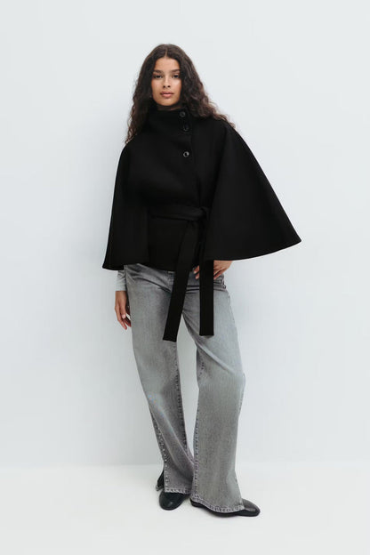 Manteau Cape Élégant à Col Montant pour Femme – Manteau Ceinturé Stylé