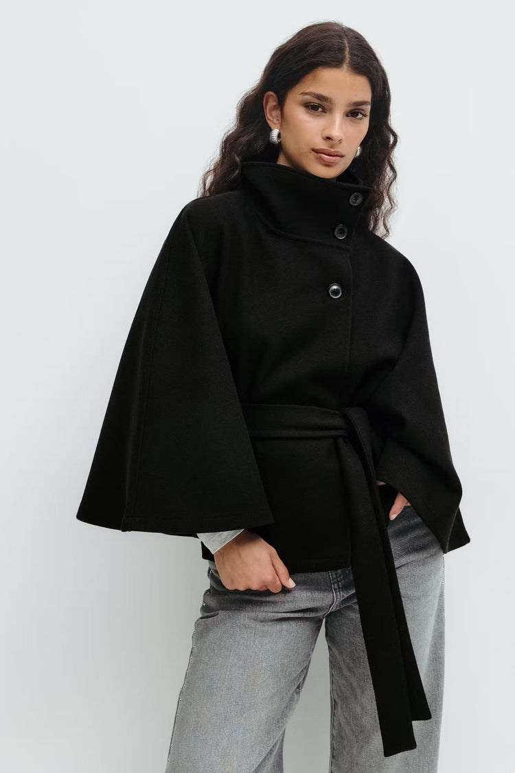 Manteau Cape Élégant à Col Montant pour Femme – Manteau Ceinturé Stylé
