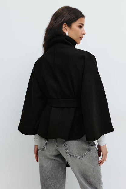 Manteau Cape Élégant à Col Montant pour Femme – Manteau Ceinturé Stylé