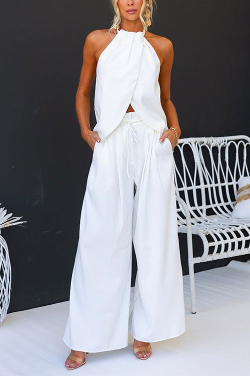 Women's Two-Piece Set – Sleeveless Halter Top and Wide-Leg Pants