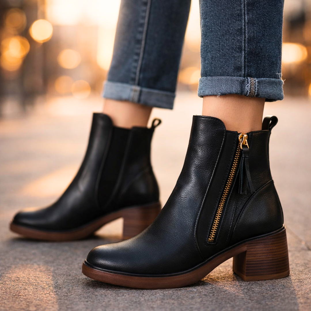 Bottines femme en cuir à talon – Bottes cheville élégantes avec semelle intérieure rembourrée et zip métallique