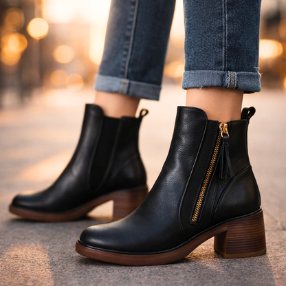 Bottines femme en cuir à talon – Bottes cheville élégantes avec semelle intérieure rembourrée et zip métallique
