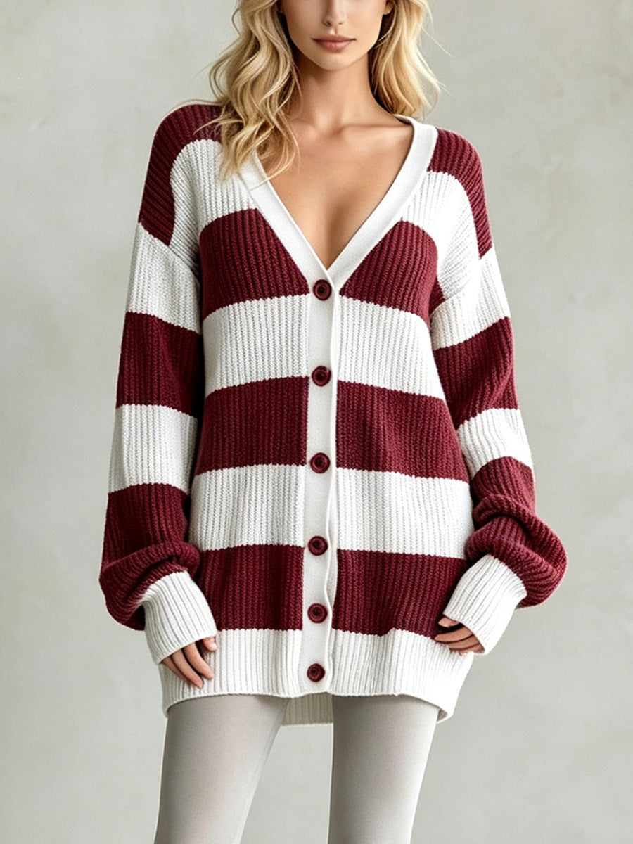 Cardigan-cappotto da donna a righe in maglia - Morbido e confortevole