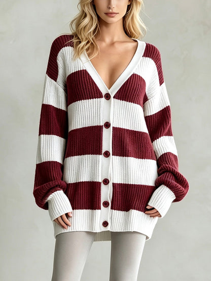Cardigan-cappotto da donna a righe in maglia - Morbido e confortevole