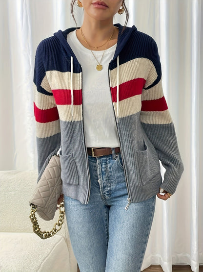 Women's zip-up color-block hooded cardigan - Comfortable and modern