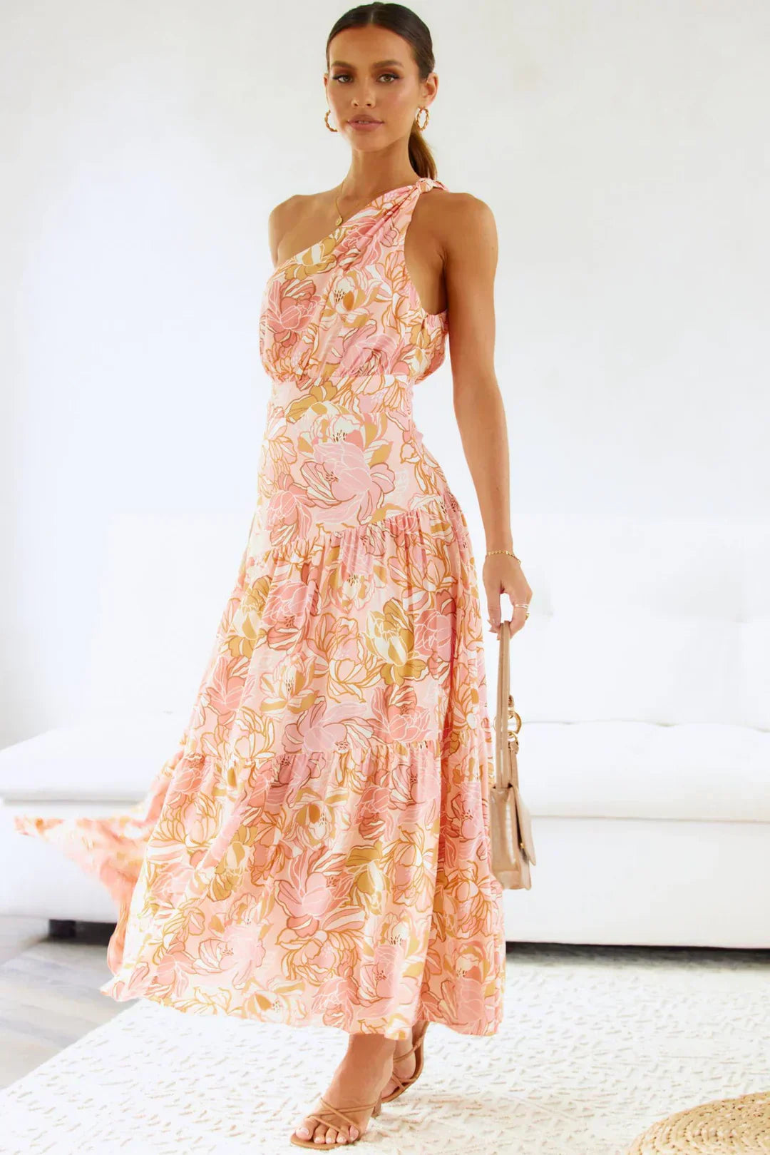 Femme Midi Florale Élégante à Épaule Unique Invitées de Mariage Robe
