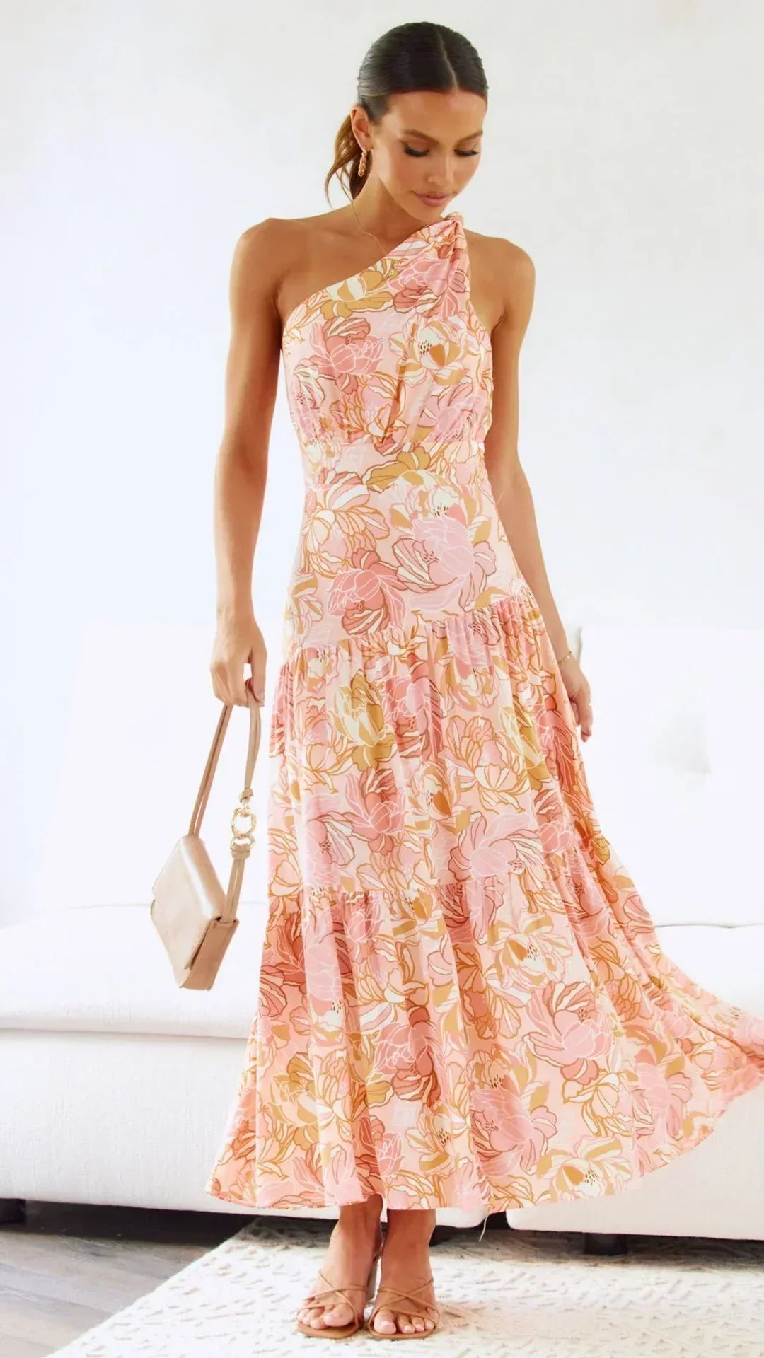 Femme Midi Florale Élégante à Épaule Unique Invitées de Mariage Robe