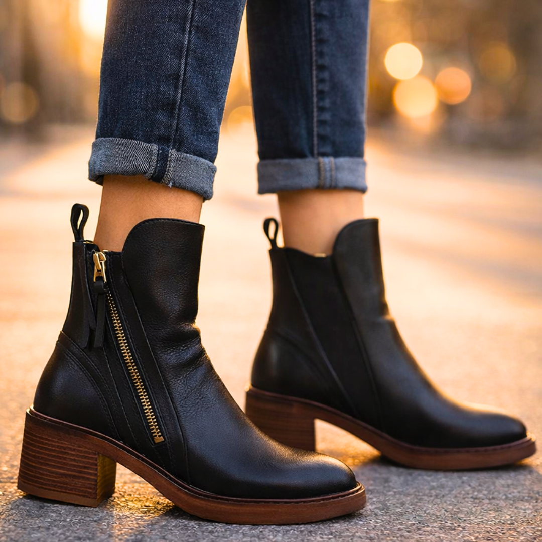 Bottines femme en cuir à talon – Bottes cheville élégantes avec semelle intérieure rembourrée et zip métallique