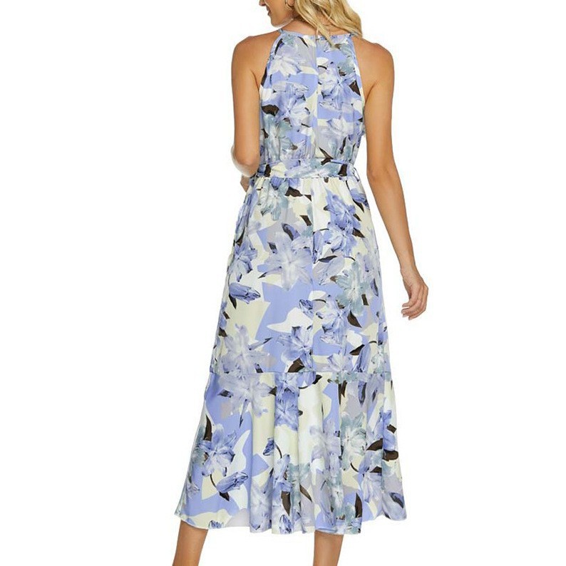 Robe Midi Élégante à Col Halter pour Femme – Imprimé Floral Satinée Sans Manches