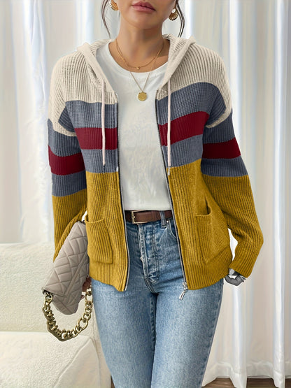 Women's zip-up color-block hooded cardigan - Comfortable and modern