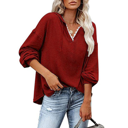 Sudadera de mujer con capucha, cuello en V de encaje y mangas largas
