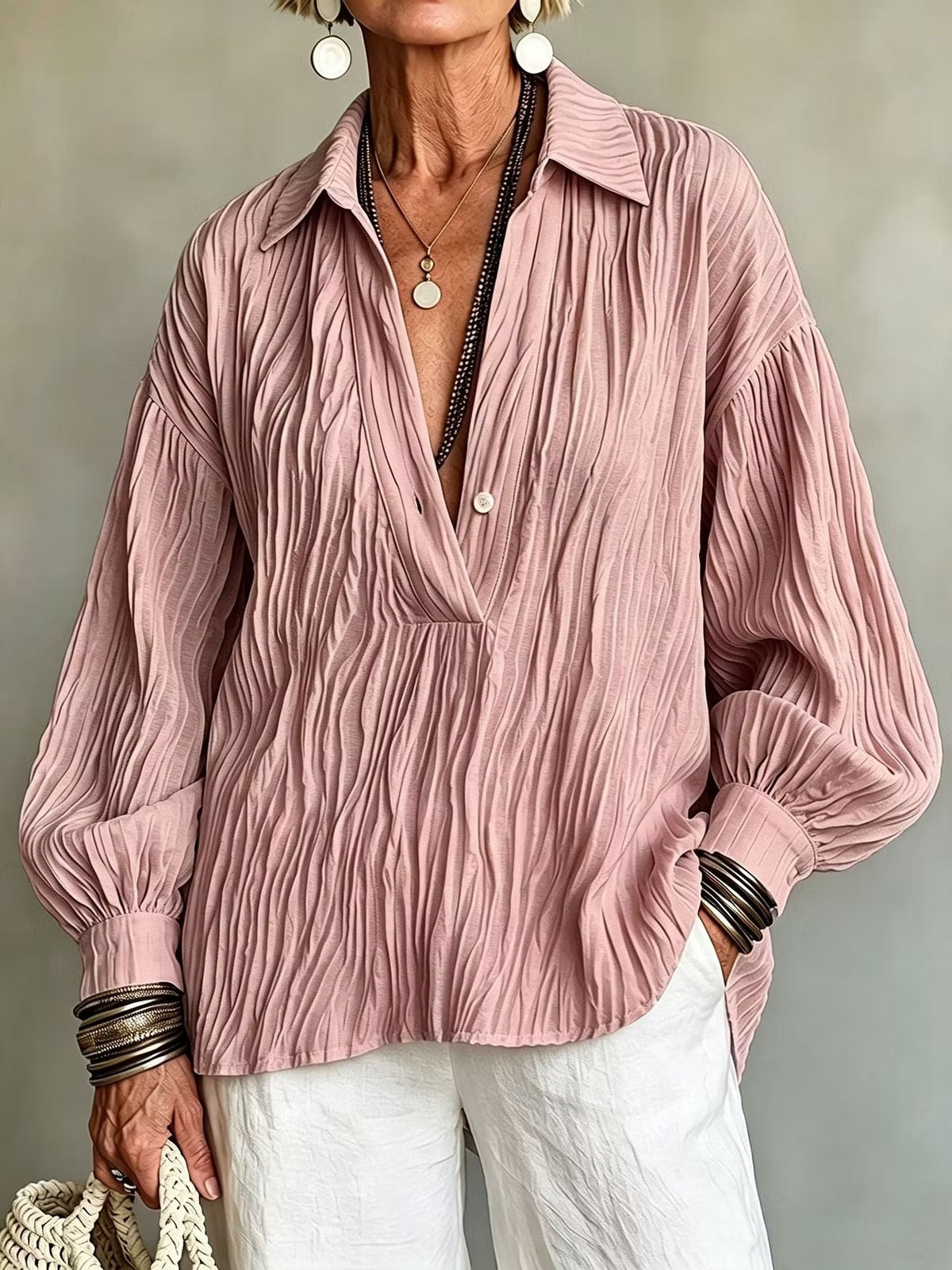 Women's long-sleeved V-neck shirt - Lightweight and elegant