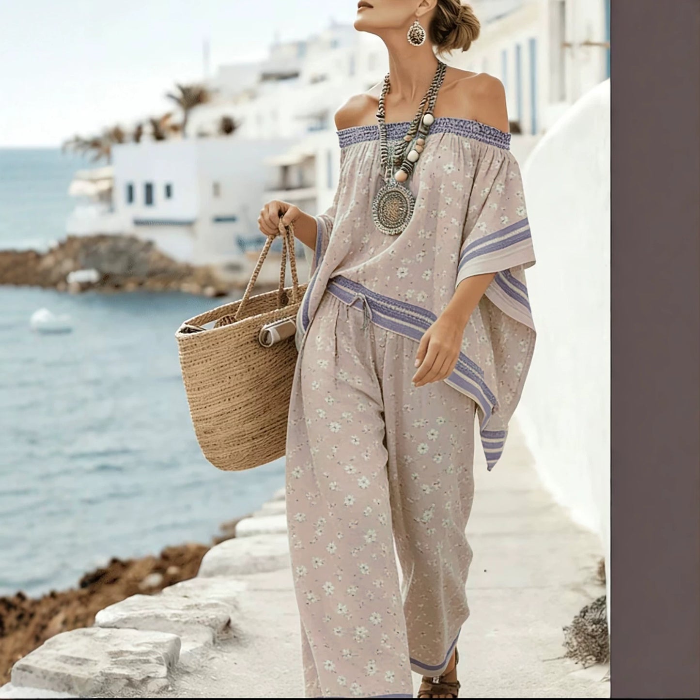 Women's asymmetrical top with one shoulder exposed and wide high-waisted pants - Modern and chic