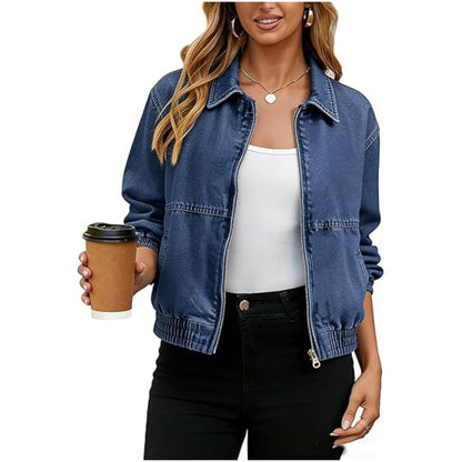 Unisex Retro Denim Jacket – Casual Vintage Style with Lapel Collar and Zip Closure