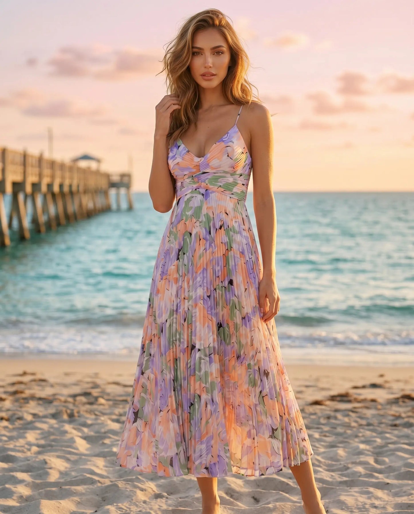 Women's floral midi dress with V-neck and pleats - Elegant and light