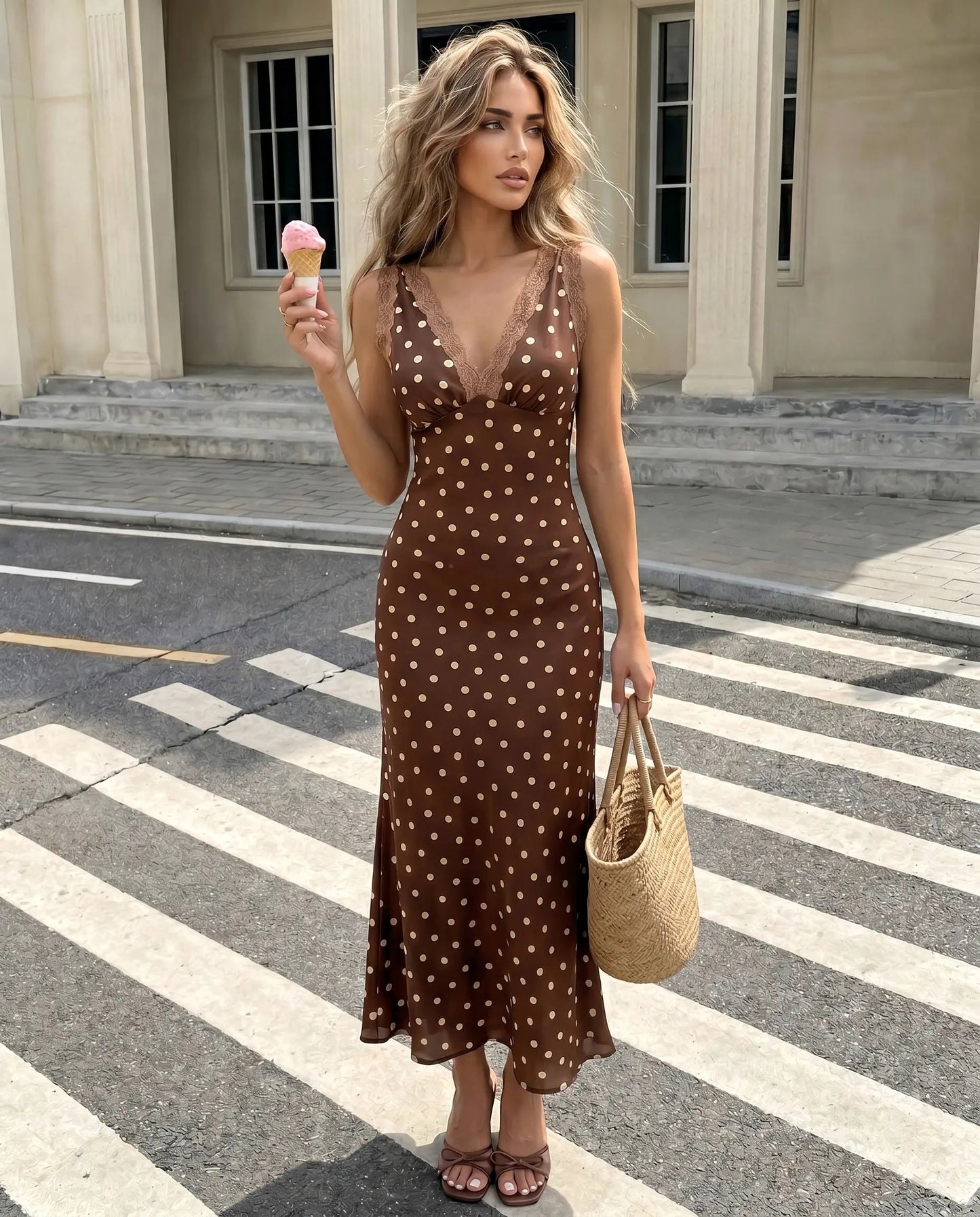Robe midi femme sans manches a pois et dentelle - Chic et feminine