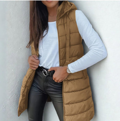 Doudoune longue sans manches femme – Gilet matelassé à capuche léger et chaud