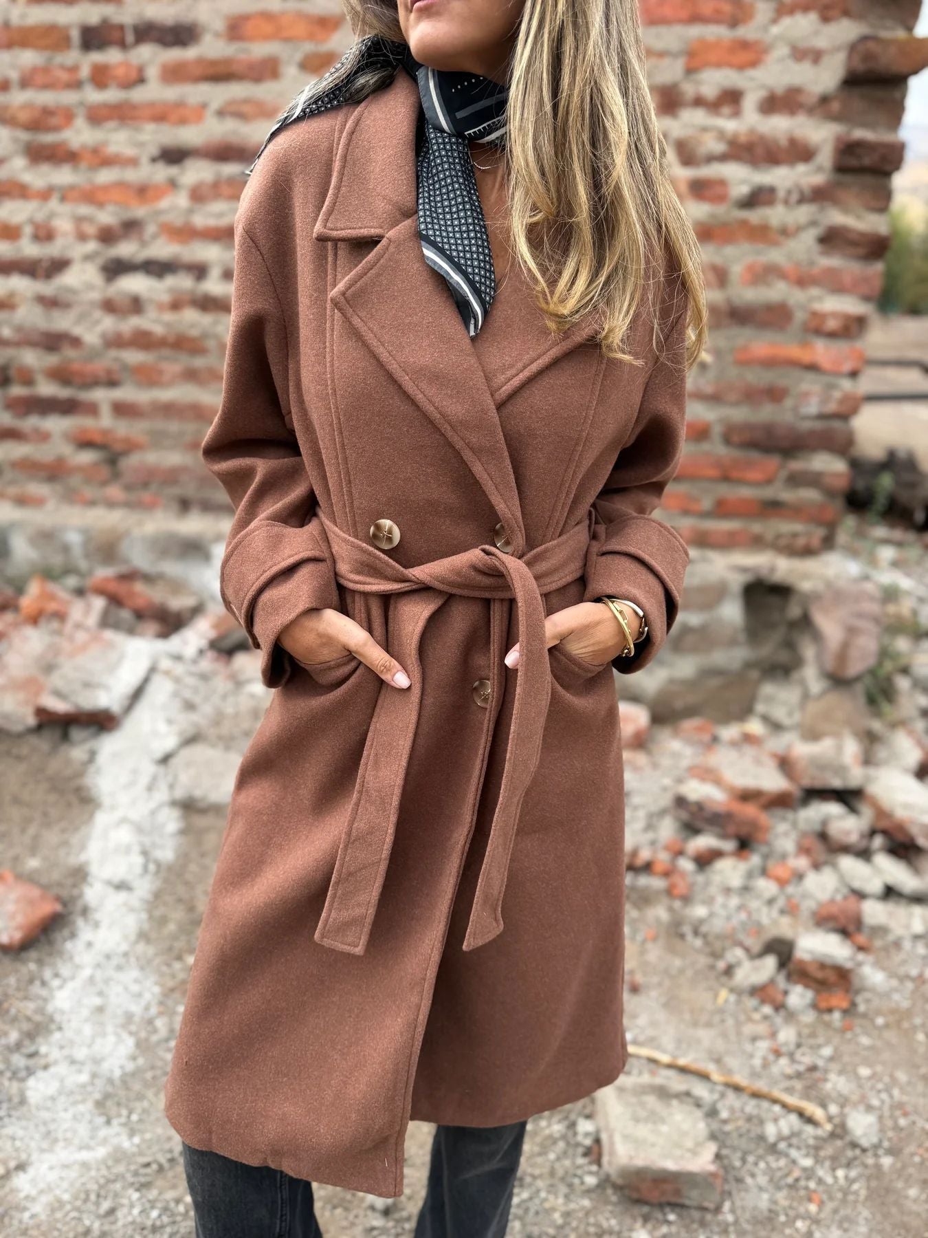 Cardigan-cappotto da donna con lacci – Giacca casual a maniche lunghe in misto lana, con revers e tasche