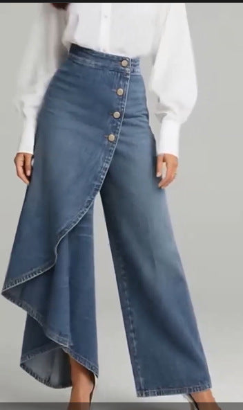 Pantalon faux jean droit unique pour femmes – Pantalon mode avec boutons à volants