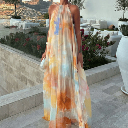 Robe maxi imprimée femme – Col halter et dos nu pour l’été