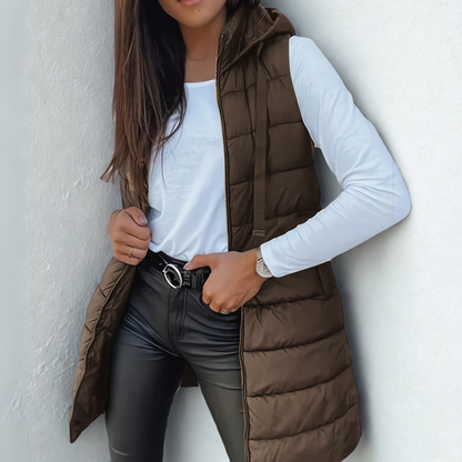 Doudoune longue sans manches femme – Gilet matelassé à capuche léger et chaud